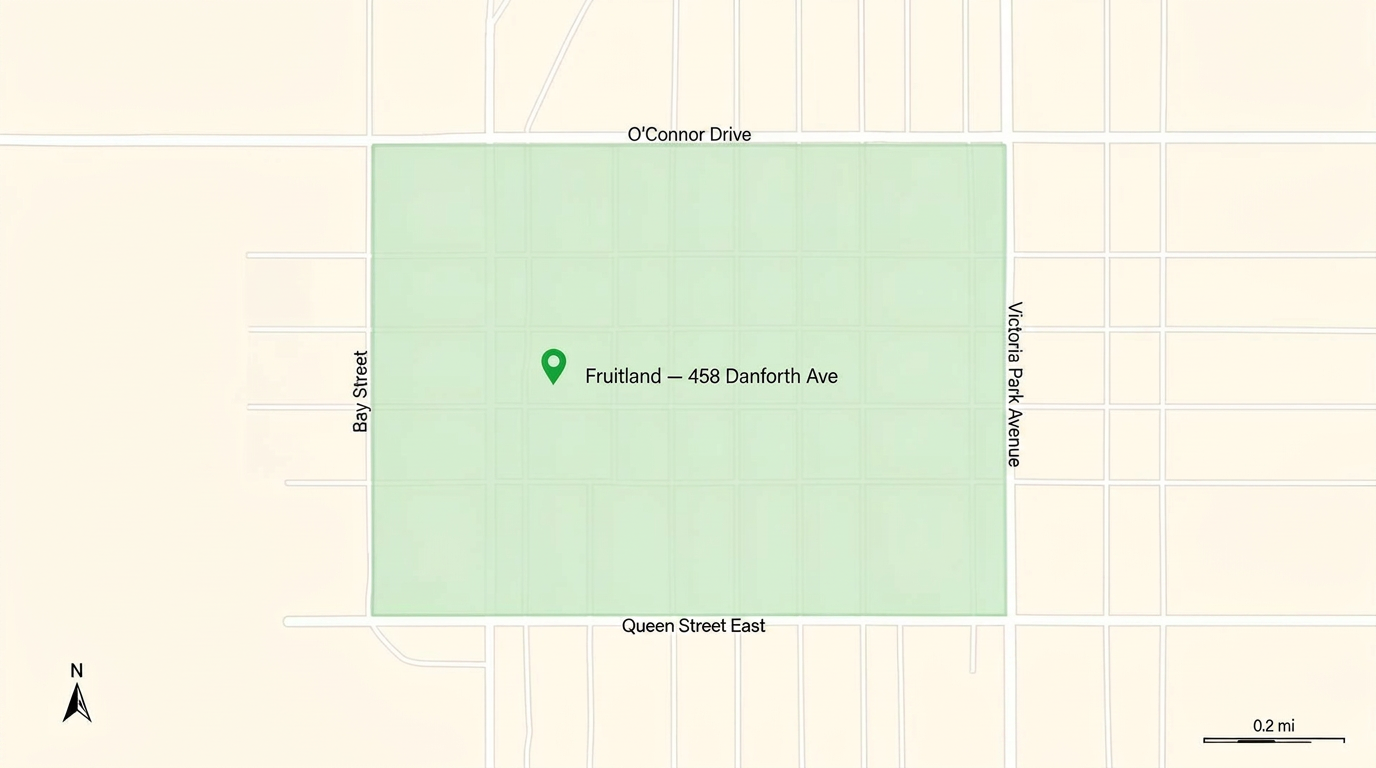 Map of Fruitland's free delivery zone in Toronto, bounded by O'Connor Drive, Bay Street, Queen Street East, and Victoria Park Avenue
